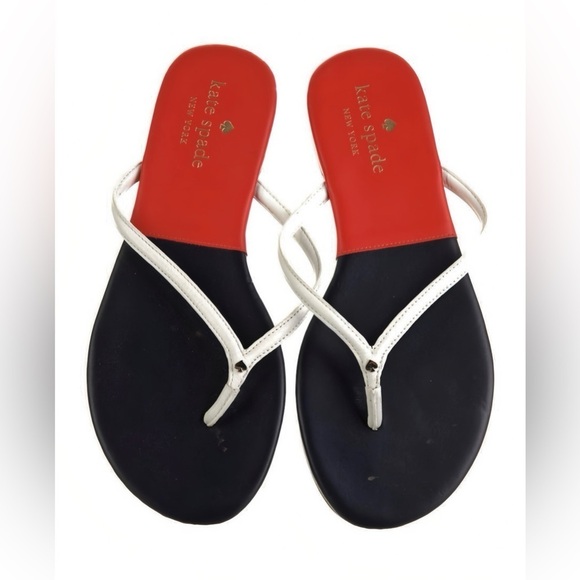 Kate Spade New York Women's Navy and Red Leather Flip Flops Sandals -  Size 7 - Picture 1 of 3